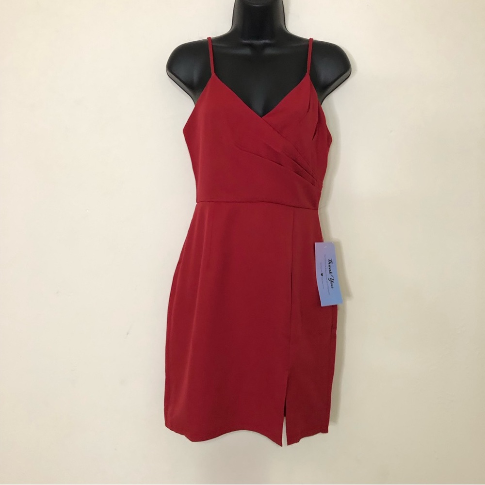 Simply - Spaghetti Strap V-Neck Wrapped Bodice Red Dress - Size: Small -…